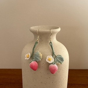 Micro Crochet Strawberry Earrings, Handmade, Boho Turquoise long earrings,Dangle Earrings Green Leaf, Nature Inspired Jewelry, Art Nouveau