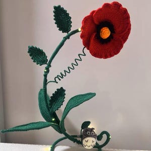 Handgjord virkad liljekonvaljlampa med glasskärm, vallmoblomma – Unik heminredningsbelysning, present, Totoro, sovrum, mysig lampa, Boho Poppy Flower-Battery