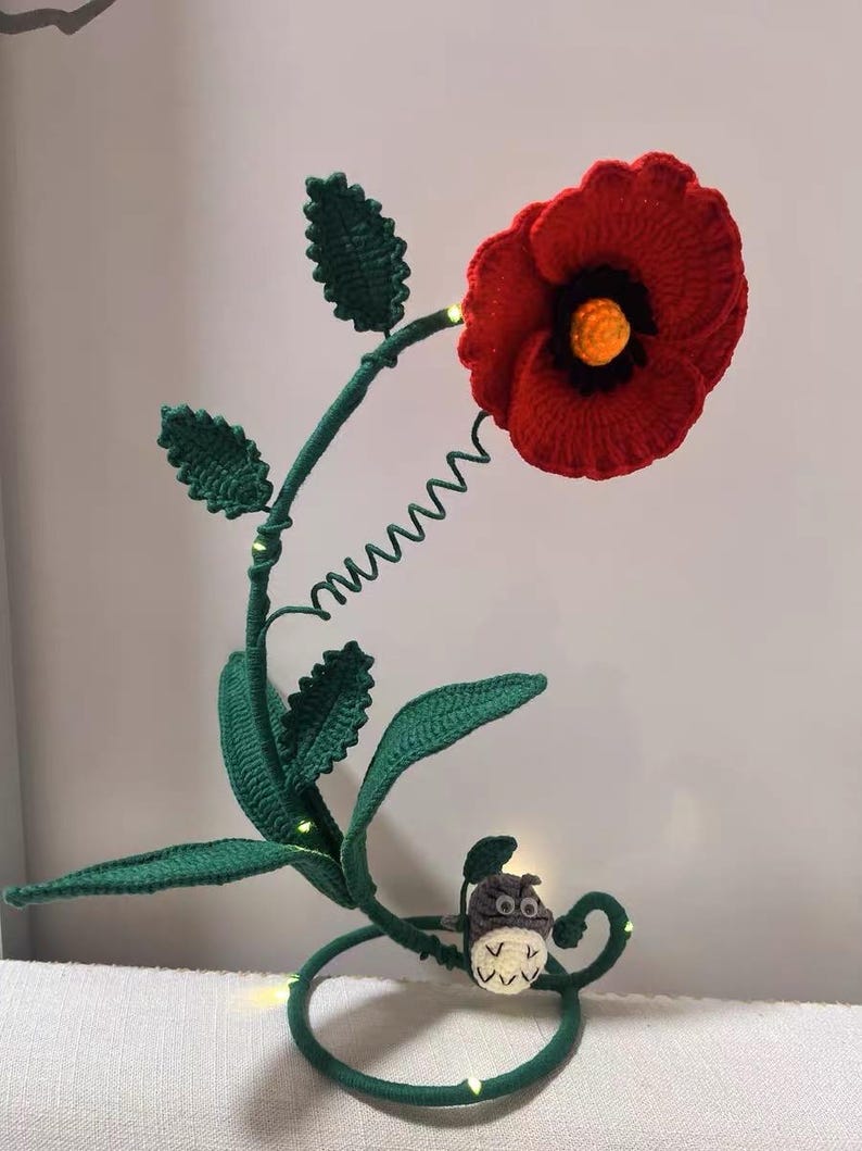 Handgjord virkad liljekonvaljlampa med glasskärm, vallmoblomma – Unik heminredningsbelysning, present, Totoro, sovrum, mysig lampa, Boho Poppy Flower-Battery