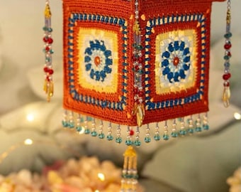 Virkad lykta i vintagestil i kinesisk stil, entrédekor, present till ny heminredning, handgjord boho-hängande lampa, färgglad retrodekor, orientalisk festival