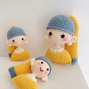 Crochet Girl Doll with Pearl Earrings - French Style Handmade Amigurumi - Soft Yarn Girl Figurine - Unique Gift Idea