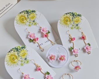Sakura Jewelry Set – Crochet Cherry Blossom Earrings, Studs & Ring, Floral Spring Jewelry, Kawaii Japanese Style Gift