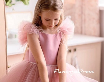 Vestido de niña de las flores de tul ruborizado, hombros con volantes, ocasión especial