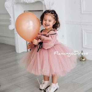 Baby girl dress special occasion First birthday dress Puffy tulle dusty pink dress with puff sleeve Toddler birthday party dress Year dress