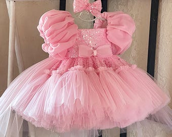 Pink baby girl dress with puffy sleeve 1st birthday dress Baby girl toddler birthday gift Girl prom dress with detachable train Tulle dress