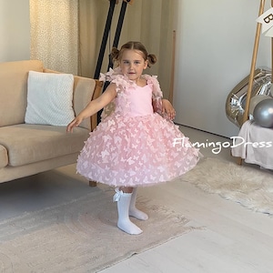 Butterfly dress special occasion Baby girl pink dress Girl light pink tulle dress Flower girl dress Baby pageant dress First birthday dress