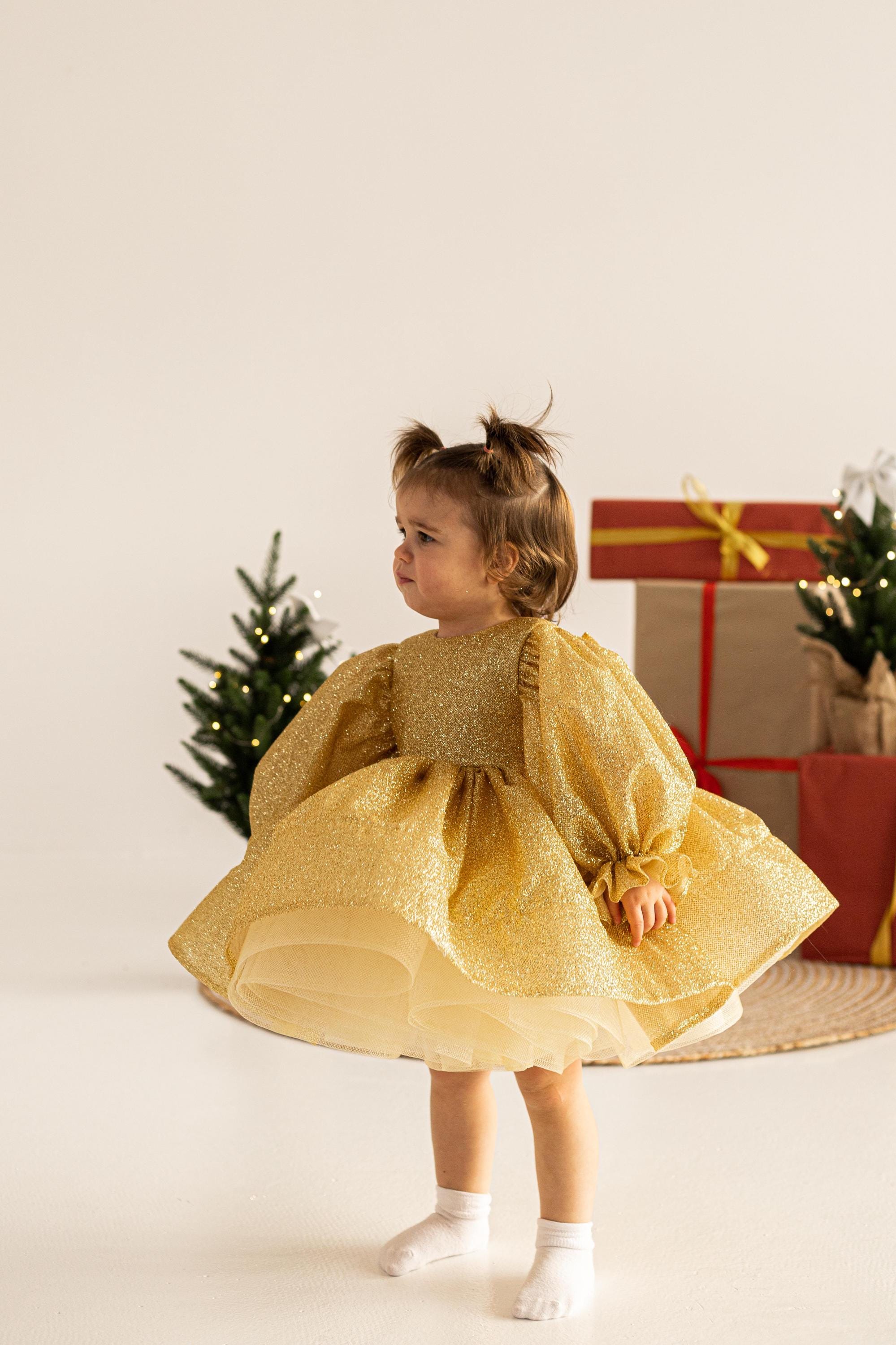 green emerald velvet dress Gold Sequins V Back & Bow Baby Dress L-18M / Green main image 0