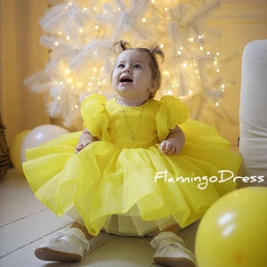 Yellow tulle dress for baby girl with puff sleeve First birthday dress Fluffy ball gown 12 months Bright dress with puff sleeve Little girl