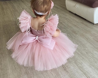 First birthday dress Baby blush rose dress Dusty pink dress pageant dress Birthday party dress Flower girl dress Toddler tulle tutu dresses