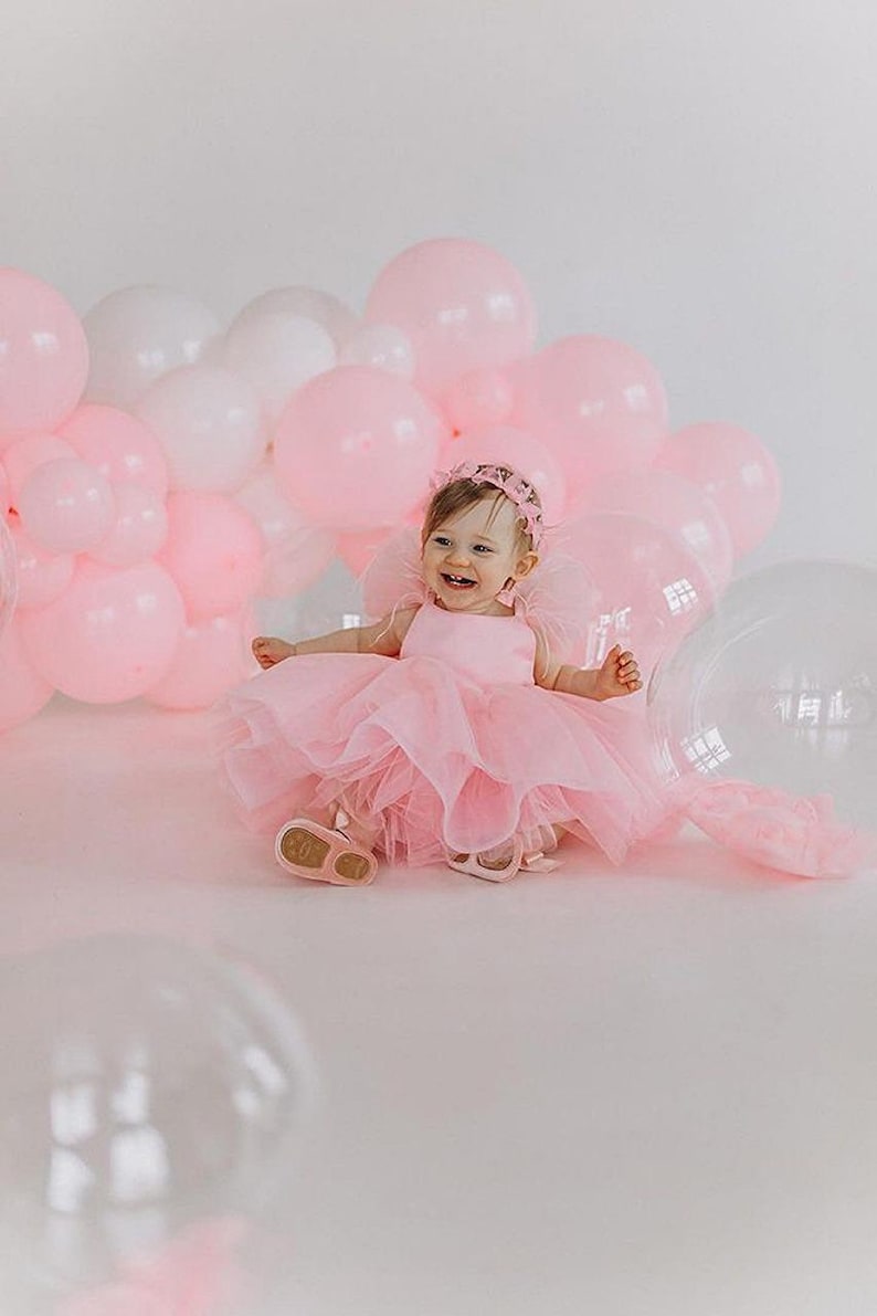 Vestidos para primer cumpleaños, vestido de un año, vestido rosa claro para niña pequeña, ocasiones especiales, atuendo para fiesta de cumpleaños infantil, vestido para sesión de fotos imagen 2