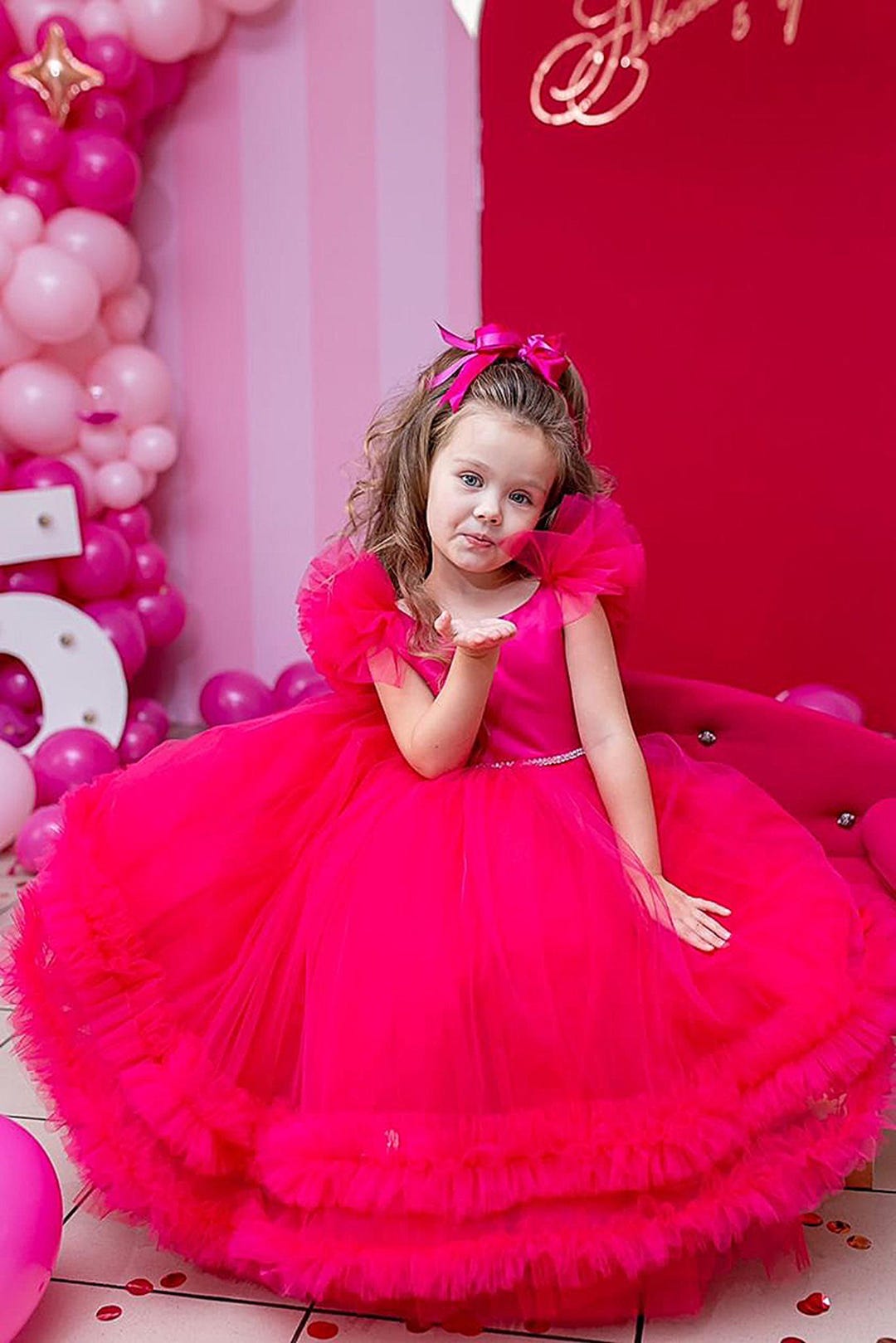 Girls long puffy Hot pink tulle dress Bright pink birthday Party dress Girls prom dress Elegant ball gown Flower girl dress Ruffle dresses