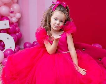Girls long puffy Hot pink tulle dress Bright pink birthday Party dress Girls prom dress Elegant ball gown Flower girl dress Ruffle dresses