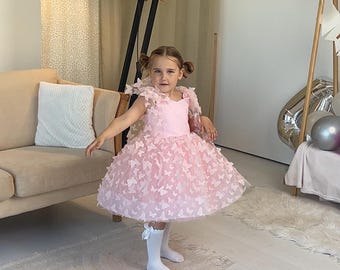 Vestido de mariposa para ocasiones especiales Vestido rosa para niña Vestido de tul rosa claro para niña Vestido para niña de las flores Vestido de desfile para bebé Vestido para el primer cumpleaños