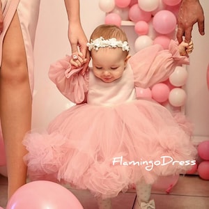 Blush rose dress for baby Dusty pink dress pageant dress First birthday dress Birthday party dress Flower girl dress Toddler tulle  dresses