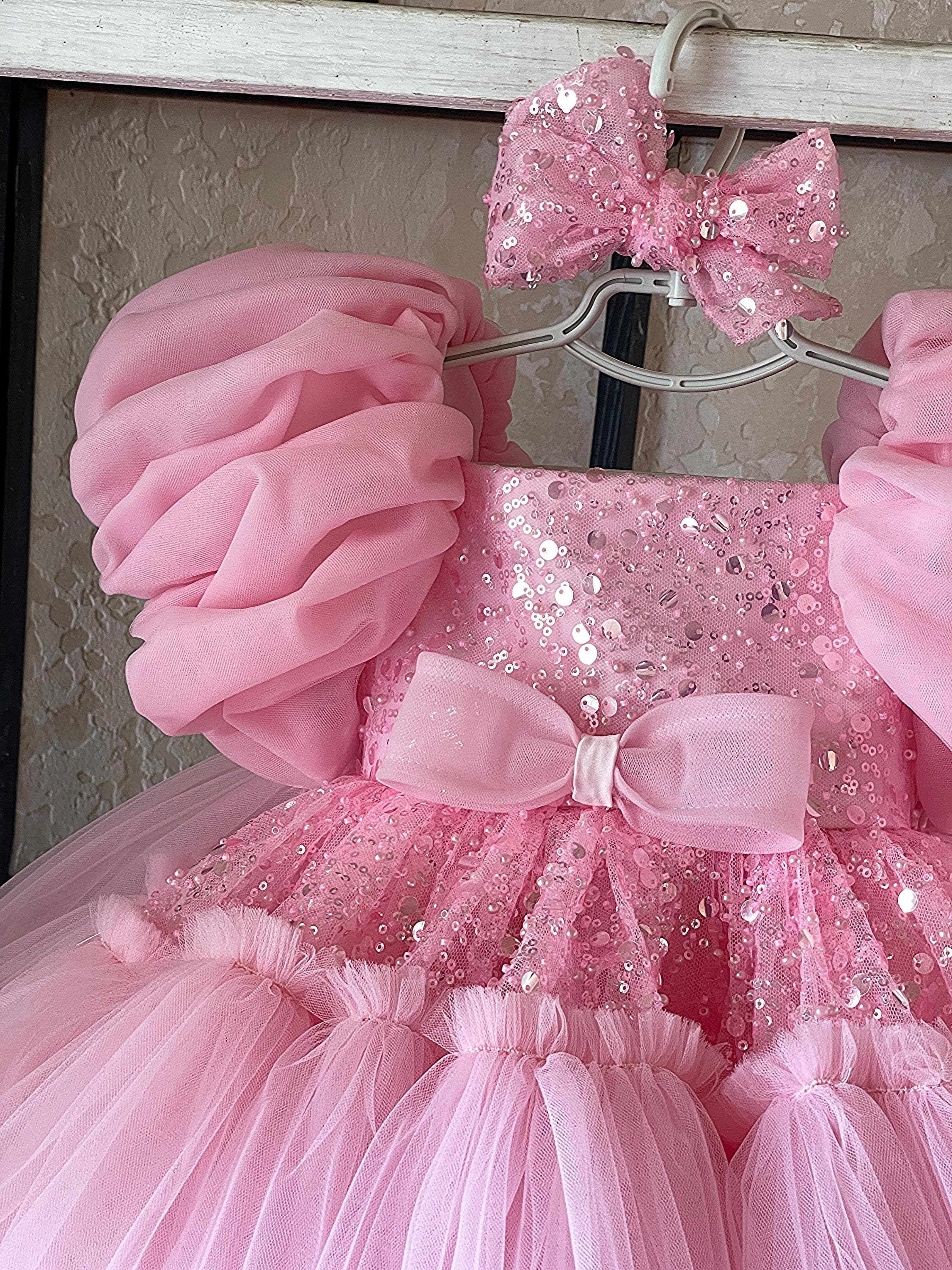 Abito Compleanno Bambina 1-3 Anni Fymnsi | Manica Lunga Con Corona E Tulle | Vestito Per Festa E Foto (Rosa Caldo, Taglia 1 Anno)