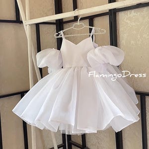 White girls baby pageant tulle dress Birthday party toddler dress Special occasion Puffy sleeves Elegant flower girl dress Birthday organza