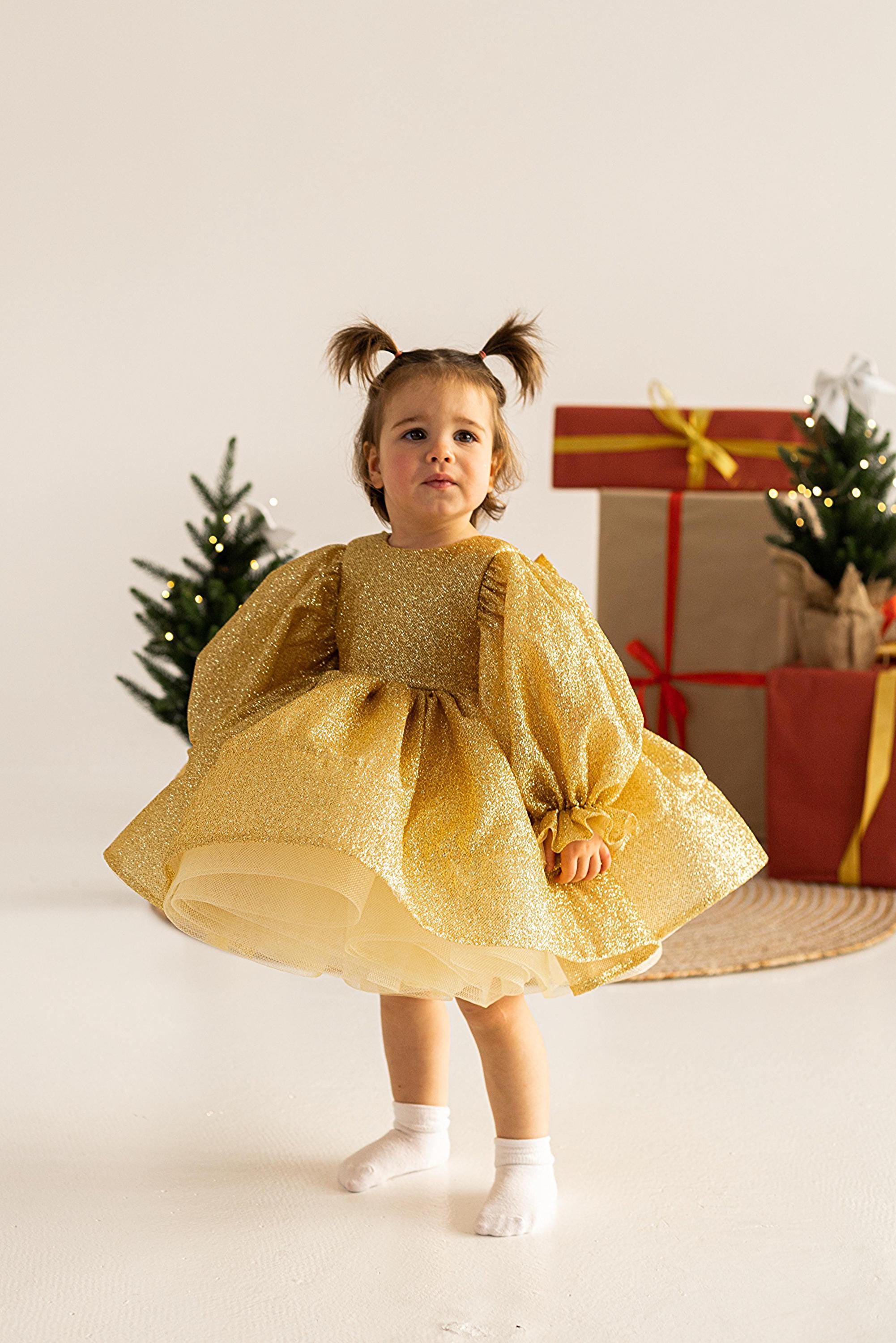 gold toddler christmas dress Baby gold sparkle dress with puffy long sleeve Toddler Christmas gold glitter dress First birthday dress Baby girl party dress Pageant dress