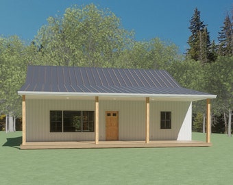 May include: A white farmhouse style home with a gray metal roof and a wooden front porch. The home has a single front door and two windows.