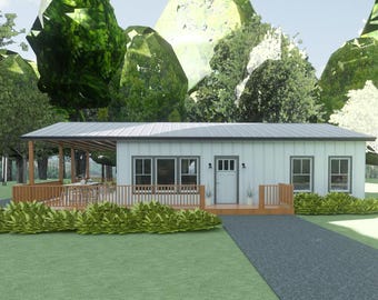 May include: A white, single-story house with a covered porch and a wooden deck. The house has two windows on each side and a front door with a glass panel. The house is surrounded by green grass and trees.