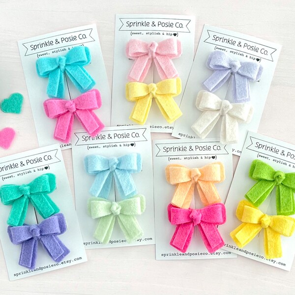 Felt bow hair clip set of two, Choose your colors, Barrette, Pastel, Bright, Spring, Summer, Toddler, Kid, Girl, Wool blend, Cute accessory