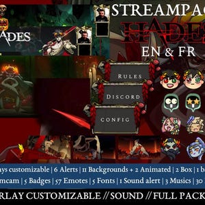 May include: A digital illustration of a stream pack for the video game Hades. The pack includes overlays, alerts, backgrounds, emotes, badges, fonts, sound alerts, music, and panels. The pack is customizable and includes both English and French language options. The text "STREAMPACK HADES EN & FR" is displayed at the top of the image.