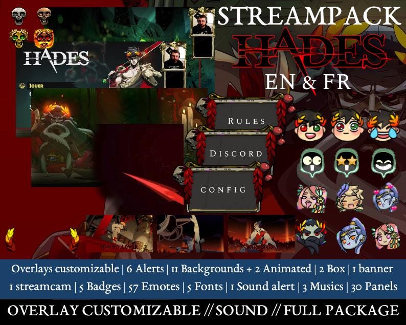 STREAM PACKAGE - Hades - Animation - COLORS - Streamkits - Overlays, screens, badges, sounds and more!