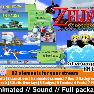 May include: A digital stream pack with a Legend of Zelda theme. The pack includes animated screens, alerts, transitions, and more. The text includes "Starting Soon", "En Pause", and "82 elements for your stream". The color scheme is blue, green, and orange.