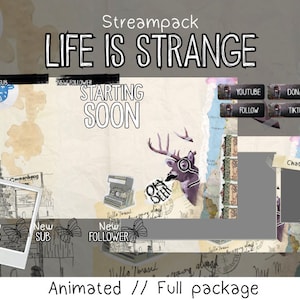 Könnte beinhalten: Ein digitales Kunst-Overlay für das Streaming mit einer Collage von Bildern aus dem Videospiel Life is Strange. Das Overlay enthält eine Titelkarte, ein „Bald geht's los“-Banner, eine Chatbox und Social-Media-Buttons. Das Overlay ist im Vintage-Stil mit einem abgenutzten Hintergrund und handgeschriebenem Text gestaltet.