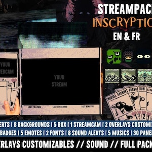 以下が含まれることがあります： Inscryptionというゲームのストリーミングパックのデジタルイラスト。ウェブカメラオーバーレイ、チャットボックス、ストリーミングオーバーレイが含まれています。このパックには、12のアラート、8つの背景、5つのボックス、1つのストリームカム、2つのオーバーレイ、5つのバッジ、5つの絵文字、2つのフォント、8つのサウンドアラート、5つの音楽、30のパネルが含まれています。画像の上部には「Streampack Inscryption EN & FR」というテキストが表示されています。