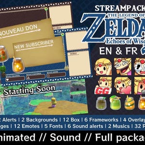 May include: A digital streaming pack with a "The Legend of Zelda" theme. Includes animated alerts, backgrounds, boxes, and emotes. The pack features the text "EN & FR" and "Echoes of Wisdom". The image also includes the text "Starting Soon".