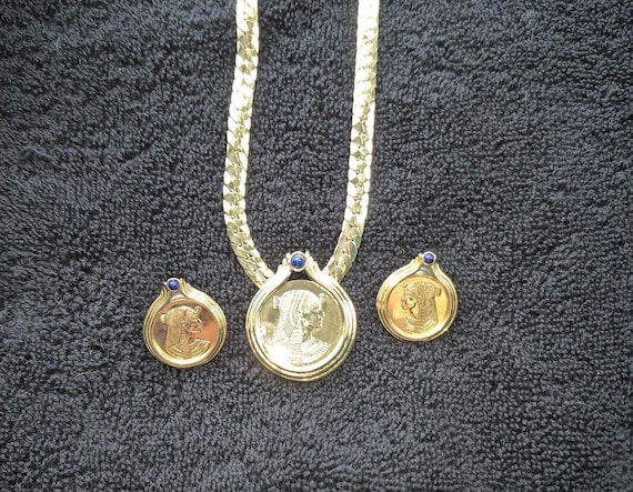 Vintage 1987 Franklin Mint Cleopatra Necklace Earring Set – 22k