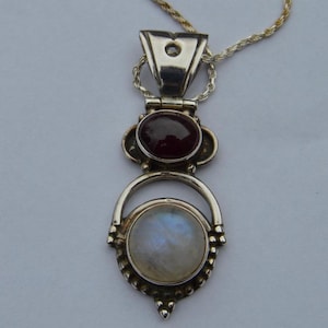 Rainbow Moonstone and Red Garnet Pendant with Sterling Silver Chain