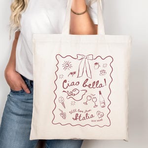 Custom Italy Tote Bag, Personalized Honeymoon Gift for Bride, Ciao Bella Cotton Canvas Tote, Italian Travel Keepsake