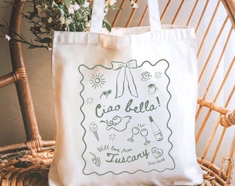 Custom Italy Tote Bag, Personalized Honeymoon Gift for Bride, Ciao Bella Cotton Canvas Tote, Italian Travel Keepsake