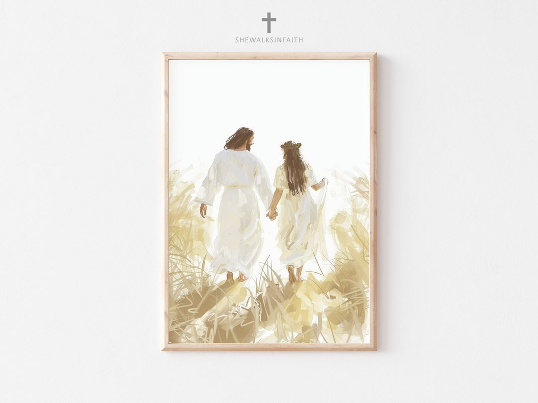 Jesus Christ Walking With Girl Wall Art Poster, Religious Home Decor