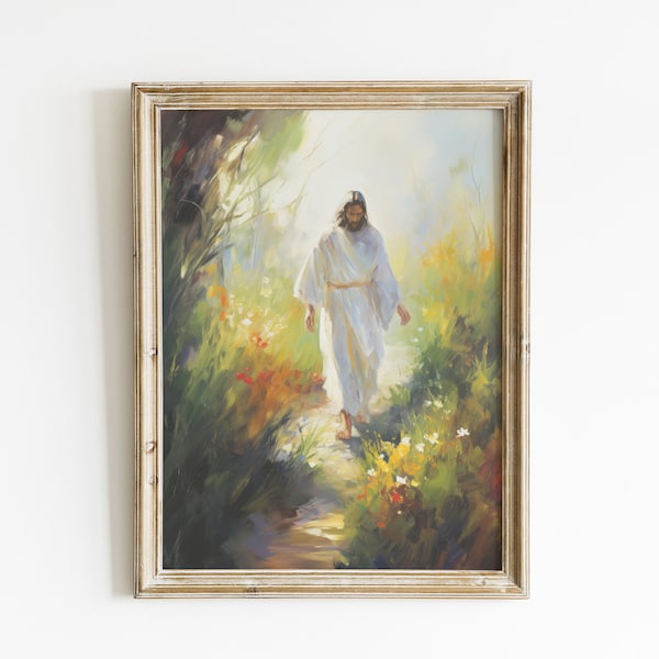 Jesus Christ Walking Watercolor Print, Large Christian Home Artwork Print, Jesus on the Path Walking Art, Modern Christian Wall Decor Print