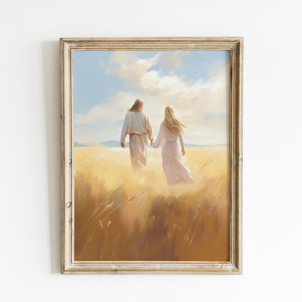 Christ is Always With Me, Jesus Walking With Girl Oil Painting Print, Jesus Picture And Girl Christian Artwork Home Decor Wall Art Print