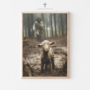 Jesus and Lamb Poster Wall Art, Jesus Leaves the 99 Wall Art, Large Christian Artwork, Jesus Running After Lost Lamb God Poster Art