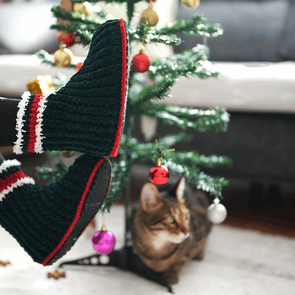 Christmas Green Handmade Slippers, Panduf Slippers, Velvet knitted indoor slippers, Booties, winter socks, Gift for Spouse, Gift for Friend.
