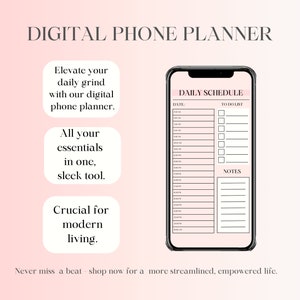 Op de afbeelding: Een mockup van een digitale telefoonplanner-app met een roze en witte gradiëntachtergrond. De app heeft een dagelijks schema met secties voor datum, to-do-lijst en notities. De tekst "DAILY SCHEDULE" staat bovenaan de app.