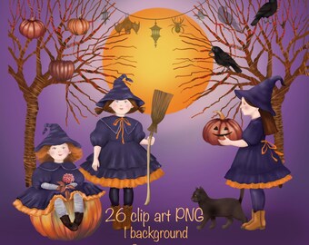 May include: Digital illustration featuring three young witches in dark blue dresses and pointed hats, with orange accents. The scene includes a carved pumpkin, a black cat, and a broom, set against a backdrop of a full moon and bare trees. Text reads: 26 clip art PNG, 1 background, 2 project.