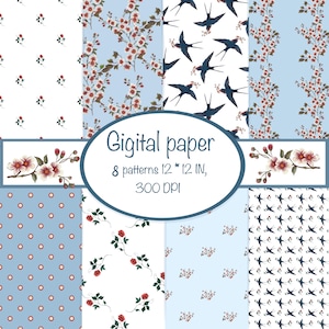 Ensemble de motifs numériques avec des oiseaux, des hirondelles, des fleurs en bleu et blanc élégants pour le printemps et l'été