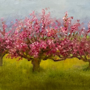 Jardin fleuri Peinture à l’huile originale Photo arbre rose en fleurs Florian Paysage Impressionnisme 8 x 12 pouces