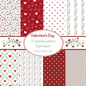 May include: A collection of 14 seamless Valentine's Day digital paper patterns. The patterns feature red hearts, vines, and stripes on white and red backgrounds. The image includes the text "Valentine's Day" and "Digital papers".