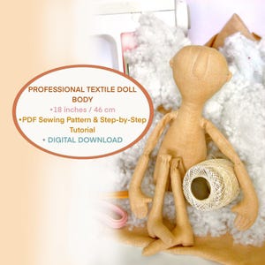 May include: A beige textile doll body, approximately 18 inches (46 cm) tall, with long limbs and a simple head shape. A ball of twine rests near the doll's legs. The image includes text: "PROFESSIONAL TEXTILE DOLL BODY" and "PDF Sewing Pattern & Step-by-Step Tutorial".