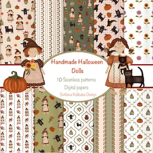 May include: A collection of 10 seamless digital paper patterns featuring illustrations of dolls, black cats, pumpkins, bats, and flowers. The central oval text reads Handmade Halloween Dolls, 10 Seamless patterns, Digital papers, Svitlana Kulibaba Design.