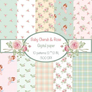 Puede incluir: Una colección de diez patrones de papel digital con un tema de bebé querubín y rosa. Los patrones incluyen diseños florales, de querubines y a cuadros en colores pastel suaves. Cada patrón mide 30,48 cm x 30,48 cm.