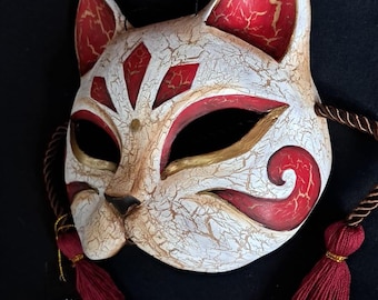 Handmade Japanese Cat Mask: Floral Wood Mask, Custom Colors - Etsy