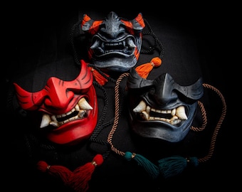 Traditional Japanese Mempo mask. Handmade art collection. Custom colors. Wood mask. Japanese folklore.