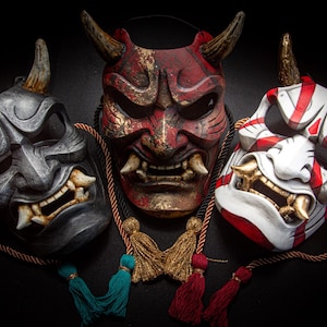 Traditional Japanese Samurai Oni mask. Handmade art collection. Custom colors. Wood mask. Japanese folklore.